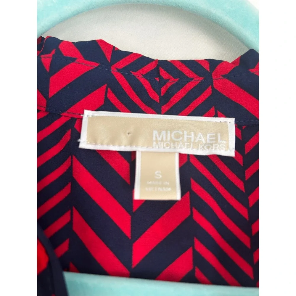 Michael Michael Kors Red Navy‎ Chevron Half Zip Roll Tab Sleeve Blouse Small
